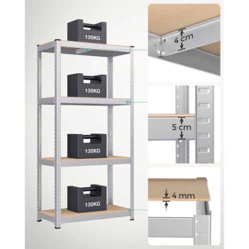 Polcos állvány, állítható magasságú, fém és MDF, szürke 200x100x50cm