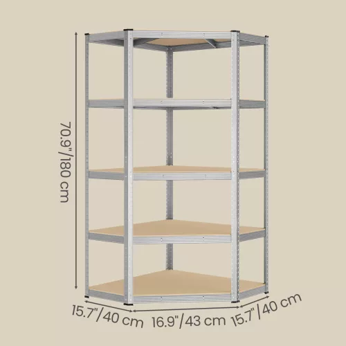 Sarok polcos állvány, 5 szintes, fém, fekete, 70 x 70 x 180 cm