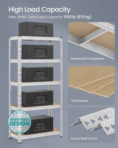 Polcos állvány, 175kg polconkénti teherbírással, ezüst, 180x90x40cm