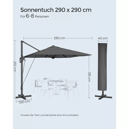 Napernyő, oldalkaros, forgatható, dönthető, UPF 50+, 300 x 300 cm