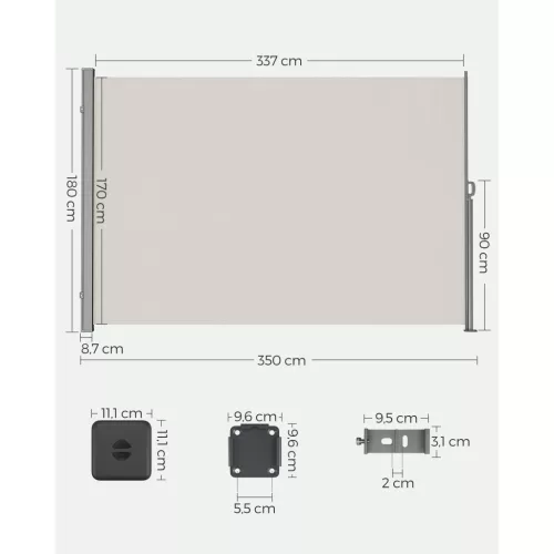 Oldalsó terasznapellenző, belátásgátló, szürke, 280 g/m² 180 x 350 cm