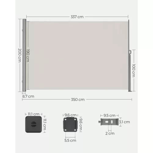 Oldalsó terasznapellenző, belátásgátló, ezüst, 280 g/m² 200 x 350 cm