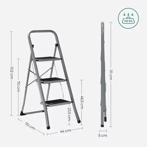 Összecsukható létra 3 lépcsőfokkal, 20 cm széles lépcsőfokok, szürke, fekete