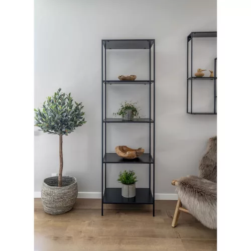 Könyvespolc, 5 polccal, fekete, fekete kerettel 36 x 51 x 170 cm