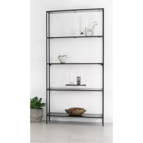 Könyvespolc, 5 polccal, fém, fekete 36 x 80 x 170 cm