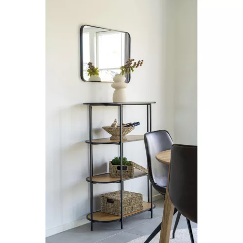 Könyvespolc, ovális polc, tölgy hatású fekete kerettel 85x36x111cm