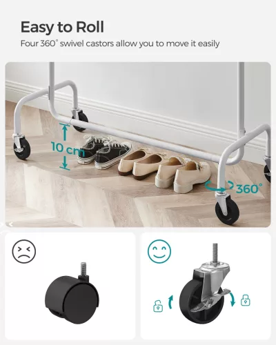 Gurulós ruhaállvány, 130kg teherbírású, krómozott, matt fehér 45x110x160cm