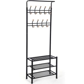 SONGMICS Kabátállvány 3 cipőtartóval és 18 akasszal, csőátmérő 32 mm, fém, fekete, 68,8 x