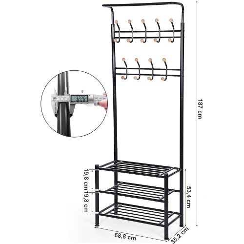 SONGMICS Kabátállvány 3 cipőtartóval és 18 akasszal, csőátmérő 32 mm, fém, fekete, 68,8 x