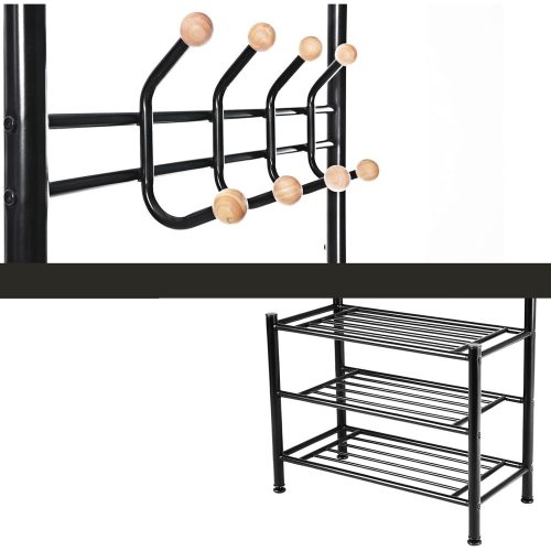 SONGMICS Kabátállvány 3 cipőtartóval és 18 akasszal, csőátmérő 32 mm, fém, fekete, 68,8 x