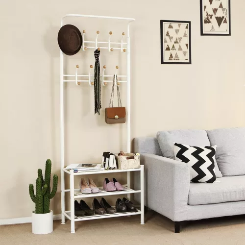 SONGMICS 187 cm magas fém fogas, előszoba szervező, kabátállvány 3 polccal, krémszínű
