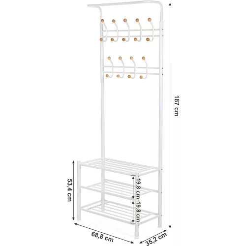 SONGMICS 187 cm magas fém fogas, előszoba szervező, kabátállvány 3 polccal, krémszínű