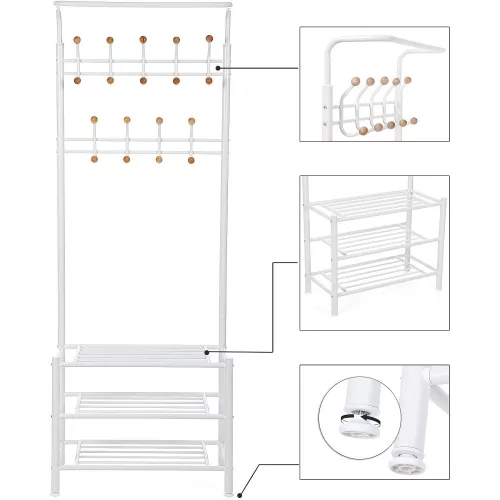 SONGMICS 187 cm magas fém fogas, előszoba szervező, kabátállvány 3 polccal, krémszínű
