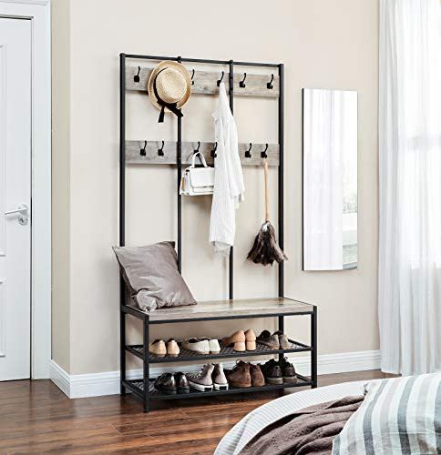 VASAGLE Nagy méretű fogasállvány, fogasfa 12 akasszal és cipőtartóval ipari stílusban,