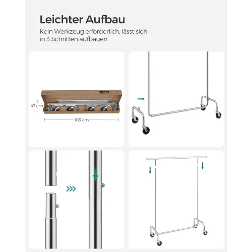 SONGMICS Erős ruhásszekrény Állítható fém kromozott ruhafogas, Maximális teherbírás 130