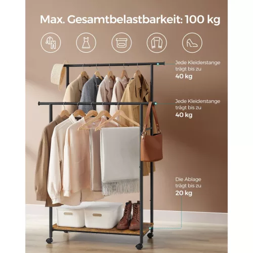 Ruhatartó polccal, 2 rúddal, vintage barna