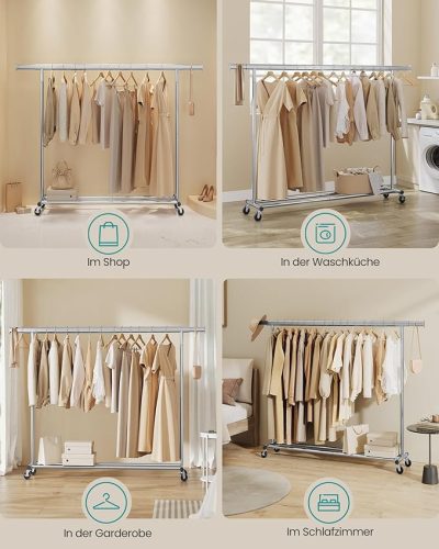 Gurulós ruhaállvány, 150kg teherbírású, ezüst 90x40x180cm