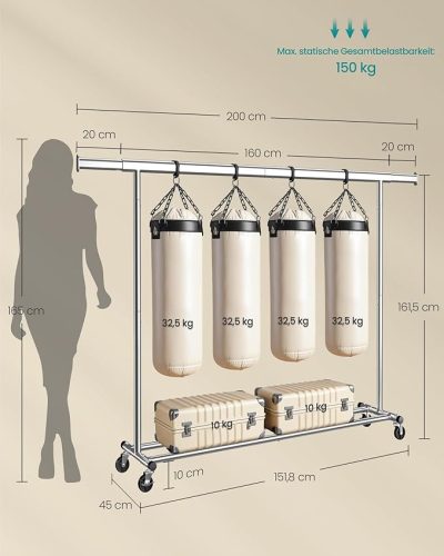 Gurulós ruhaállvány, 150kg teherbírású, ezüst 90x40x180cm
