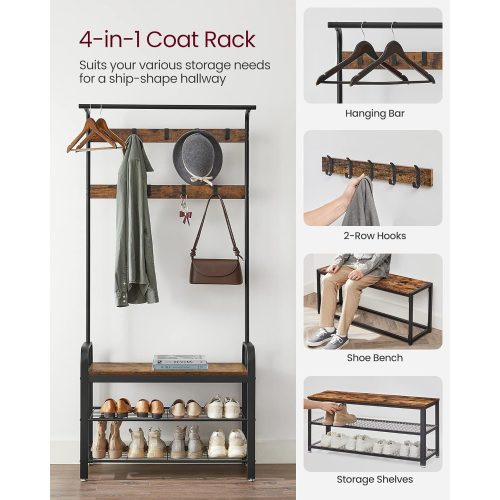 VASAGLE Ruhatartó, Cipőtároló padkával, 4 az 1-ben kialakítás, 9 eltávolítható akasszal,