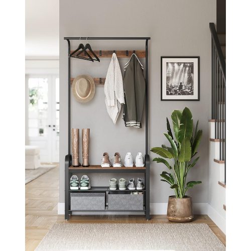 VASAGLE Ruhatartó, Cipőtároló padkával, 4 az 1-ben kialakítás, 9 eltávolítható akasszal,