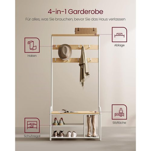 VASAGLE HSR409W09 Kabáttartó 9 akasztóval Cipőpad Polc 30 x 85 x 180,5 cm Előszobába