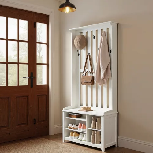 Előszoba fogas paddal, cipőtartóval, akasztókkal, rusztikus fehér