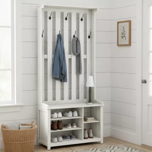Előszoba fogas paddal, cipőtartóval, akasztókkal, rusztikus fehér