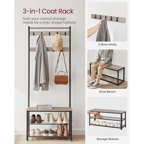 VASAGLE Kabátakasztó, Kabátállvány cipőtároló padlóval, Folyosófa cipőtartóval, 3 az