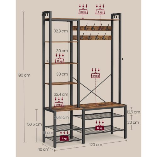 Előszoba fogas paddal, cipőtartóval, akasztókkal, vintage barna 140x120x190cm