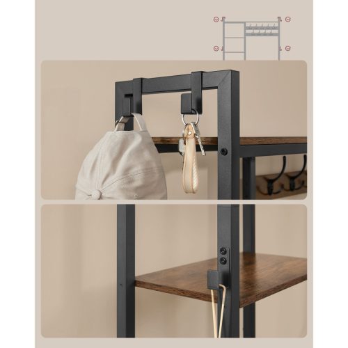 Előszoba fogas paddal, cipőtartóval, akasztókkal, vintage barna 140x120x190cm