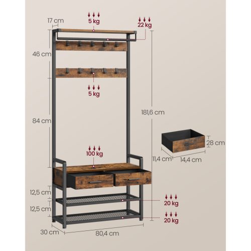 VASAGLE előszobafal paddal és cipőtárolóval, előszobai kabáttartó cipőpaddal, 2