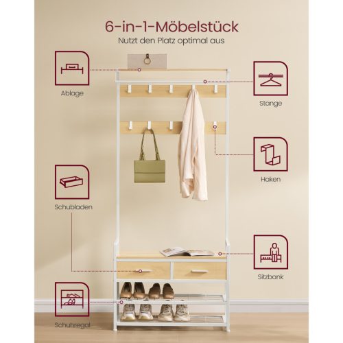 Előszoba fogas, cipőtartó pad, 10 akasztóval és 2 fiókkal, arany tölgy