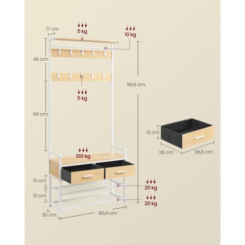 Előszoba fogas, cipőtartó pad, 10 akasztóval és 2 fiókkal, arany tölgy