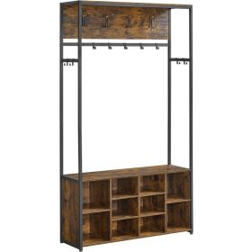   Előszoba Faállvány Pad és Cipőtároló, Ipari Stílus, Rusztikus Barna és Fekete,