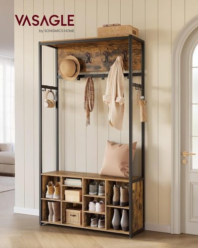 Előszoba Faállvány Pad és Cipőtároló, Ipari Stílus, Rusztikus Barna és Fekete,