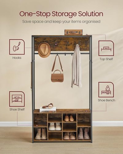 Előszoba Faállvány Pad és Cipőtároló, Ipari Stílus, Rusztikus Barna és Fekete,