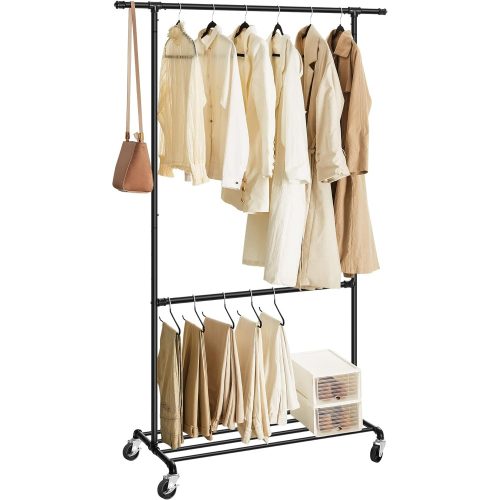 SONGMICS Ipari Ruhásszekrény görgőkkel, Maximum 110 kg terhelhetőség, Dupla ruhavállfa,