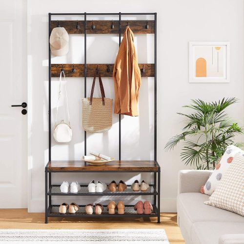 VASAGLE Nagy méretű fogasállvány, fogasfa 12 akasszal és cipőtartóval ipari stílusban,