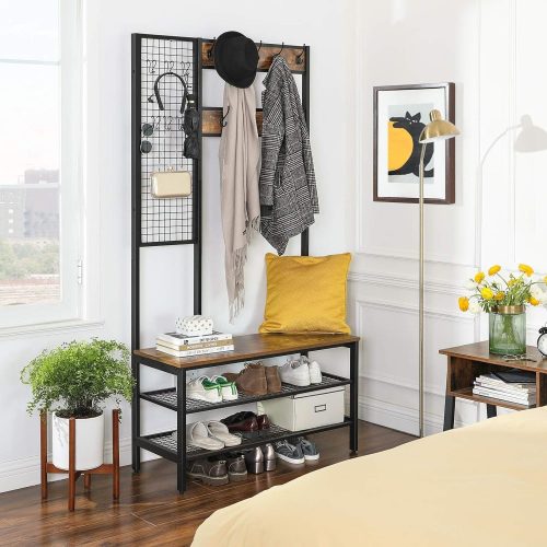 VASAGLE Ruhatartó, Ruhaállvány Ráccsal, Cipőtartóval, Folyosófa, 2 Hálós Polccal,