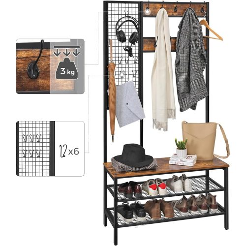 VASAGLE Ruhatartó, Ruhaállvány Ráccsal, Cipőtartóval, Folyosófa, 2 Hálós Polccal,