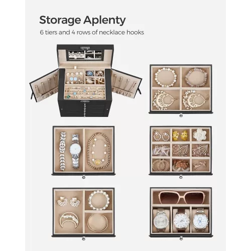 SONGMICS Ékszerdoboz 6 szinttel, Ékszeres tok 5 fiókkal, Nagy tárolókapacitás, Tükörrel,