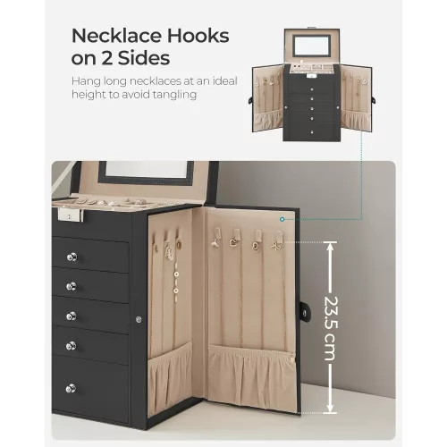 SONGMICS Ékszerdoboz 6 szinttel, Ékszeres tok 5 fiókkal, Nagy tárolókapacitás, Tükörrel,