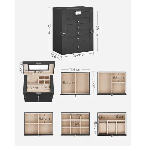 SONGMICS Ékszerdoboz 6 szinttel, Ékszeres tok 5 fiókkal, Nagy tárolókapacitás, Tükörrel,