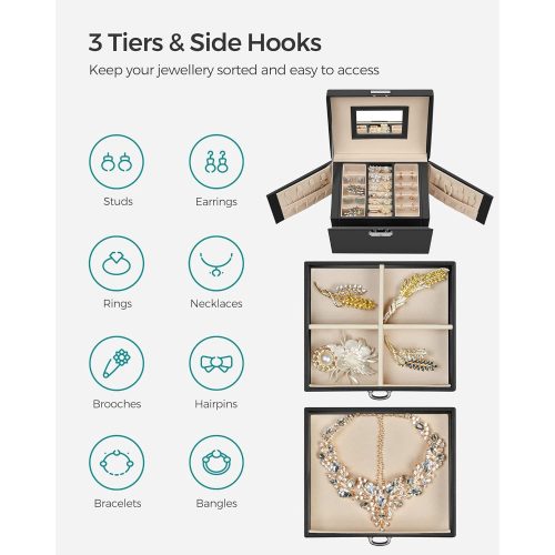 SONGMICS 3 szintes ékszerdoboz, utazó ékszeres tok fogantyúval, 2 fiókkal, zárható ékszer