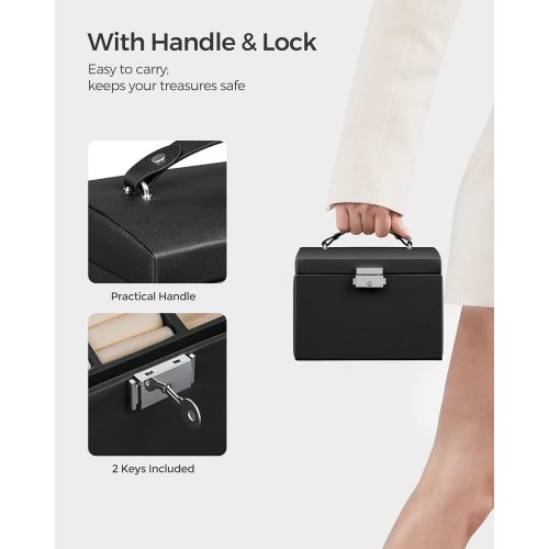 SONGMICS 3 szintes ékszerdoboz, utazó ékszeres tok fogantyúval, 2 fiókkal, zárható ékszer