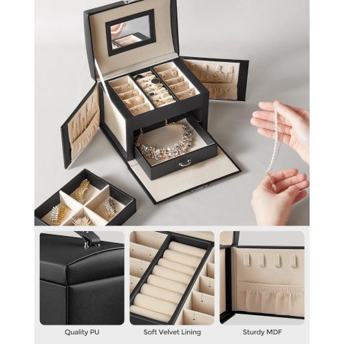 SONGMICS 3 szintes ékszerdoboz, utazó ékszeres tok fogantyúval, 2 fiókkal, zárható ékszer