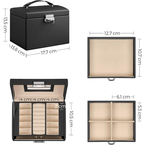 SONGMICS 3 szintes ékszerdoboz, utazó ékszeres tok fogantyúval, 2 fiókkal, zárható ékszer