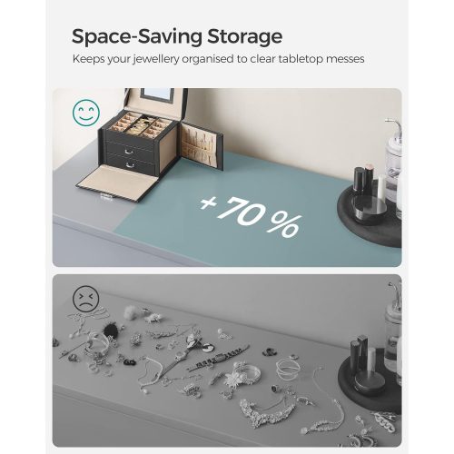 SONGMICS 3 szintes ékszerdoboz, utazó ékszeres tok fogantyúval, 2 fiókkal, zárható ékszer