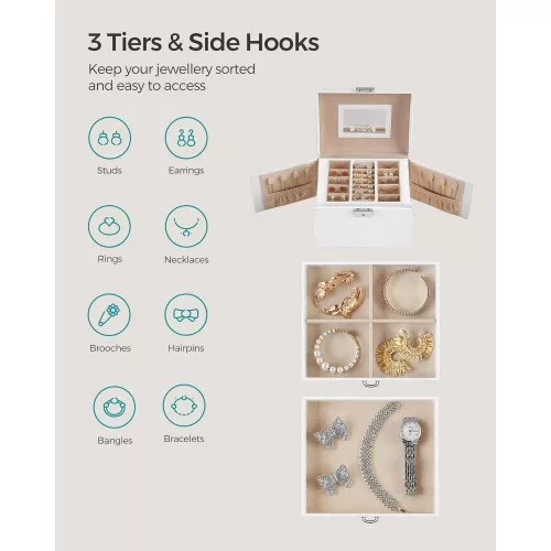 SONGMICS Ékszerdoboz, Ékszerrendező 4 szinttel, Zárható Ékszertároló Tálca, Bársony