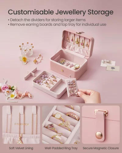 Ékszertartó doboz, utazó ékszertartó, 2 szintes, zselé rózsaszín